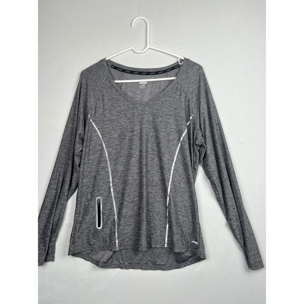 Avia Womens Activewear Top Gray Long Sleeve V-Neck Reflective Zip Pocket XL